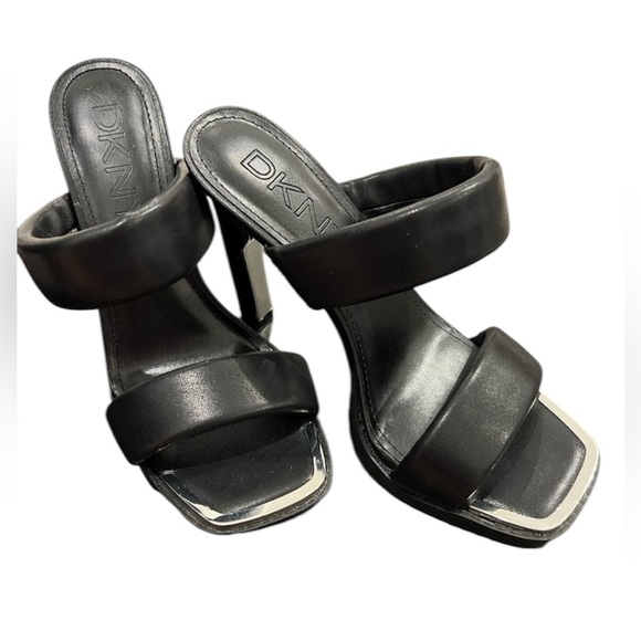 Dkny Shoes - DKNY Ralia Black Puff Strap Metal Detail Square Toe Sandal Platform Heels